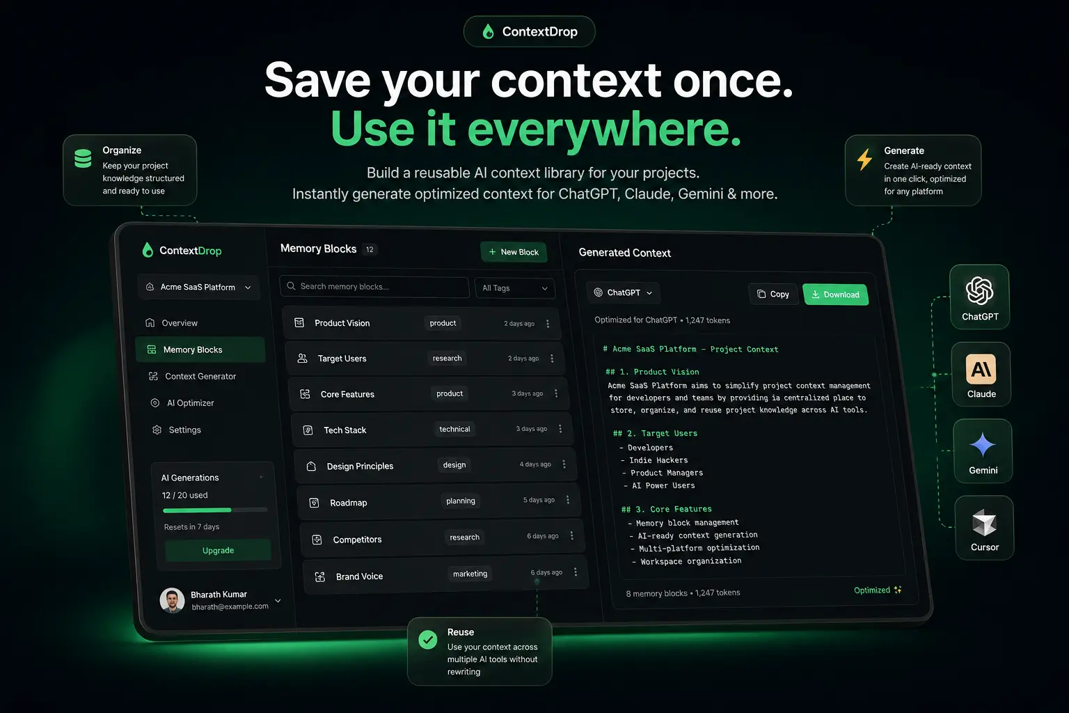 ContextDrop workspace showing memory selection and AI-ready context generation